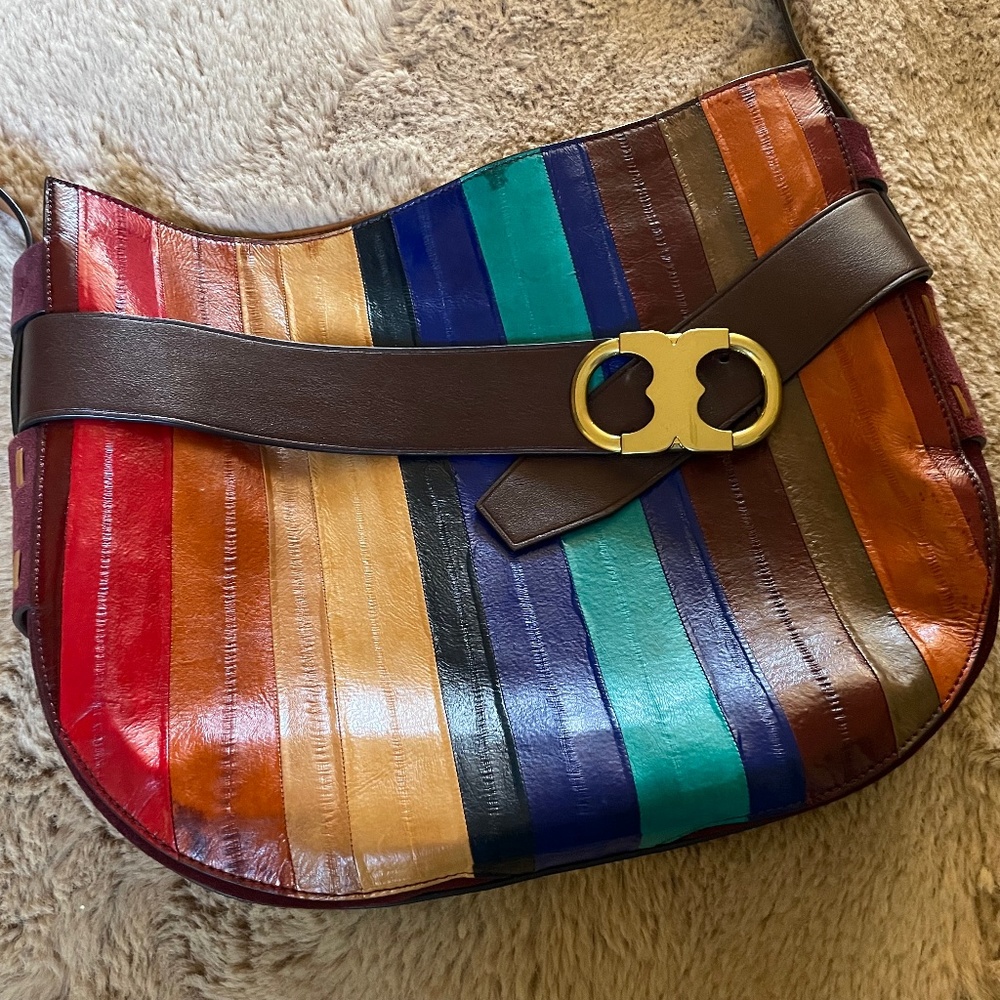 Rare Tory Burch multicolour eel stripe belted Gemini hobo shoulder bag